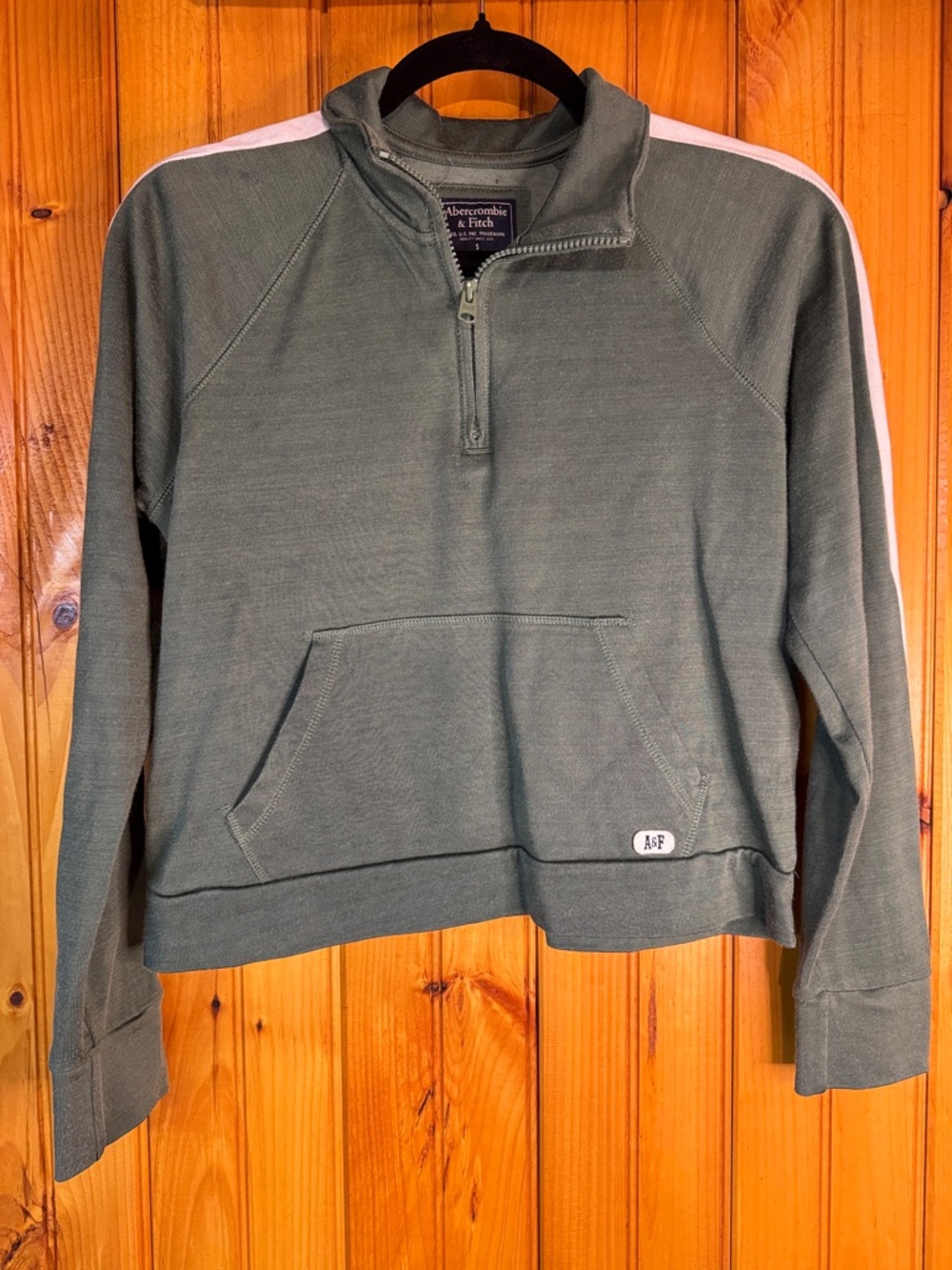 Abercrombie & Fitch Olive Green Quarter-Zip Pullover with White Shoulder Stripes